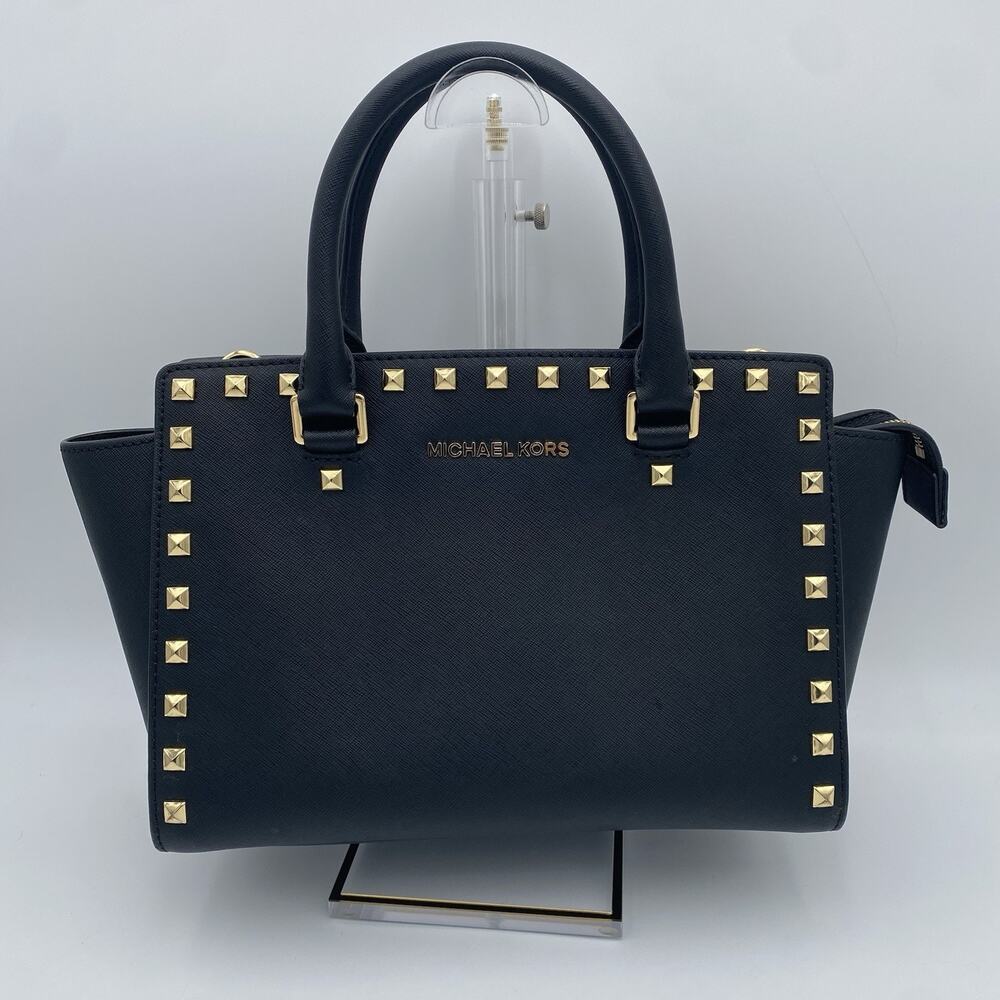 Michael Kors Selma Medium Satchel Black Leather Studded Gold Adjustable Strap